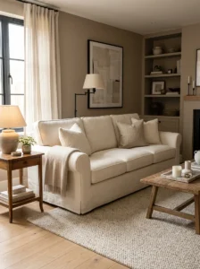 Sofa refreshed with a fitted linen slipcover.