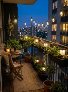 Solar-powered lanterns adding low-maintenance evening lighting to a small balcony.