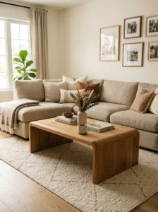Rounded oak coffee table in a family room.