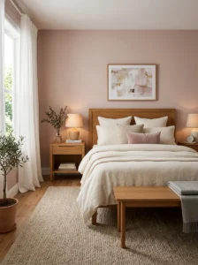 Sophisticated blush pink bedroom with cream bedding and warm wood accents.