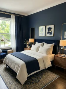 Deep navy bedroom with crisp white trim and warm brass accents.