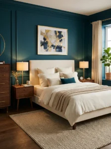 Deep teal bedroom with warm wood furniture and brass accents.