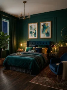 Balanced moody bedroom with elegant dark décor.