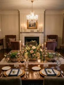 Dining table with layered decorations at different heights