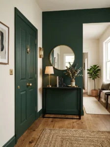 Forest green front door creating a bold entryway color accent
