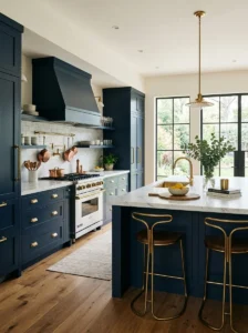 Deep navy blue kitchen cabinets with brass hardware