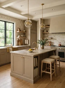 Warm taupe kitchen cabinets with natural stone countertops