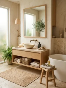Natural wood, stone, and woven materials in a spa-inspired bathroom