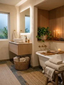Calm spa bathroom with layered decor and thoughtful gradual upgrades
