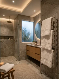 Heated towel rack with warm towels in a modern spa bathroom