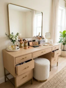 Wide beauty vanity with ample surface space for everyday makeup products.