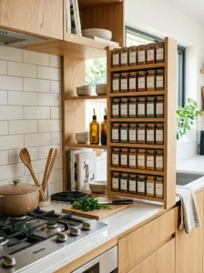 Built-in spice rack with organized labeled jars.