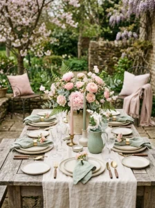 Dining table styled with coordinated blush, sage green, and cream colors