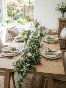 Spring dining table decorated with fresh eucalyptus greenery