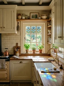 Decorative stained glass adding colorful character to a kitchen window.