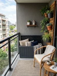 Compact weatherproof storage box protecting cushions on a small balcony.