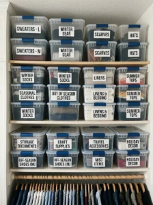 Clear storage bins for seasonal clothes