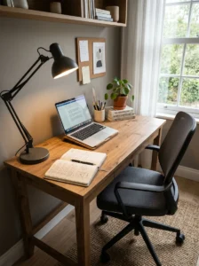 Study desk with adjustable task lighting illuminating the work surface.