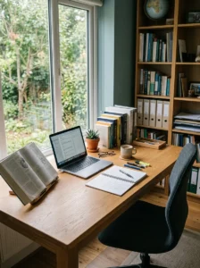 Spacious study desk with enough room for books, laptop, and notebooks.