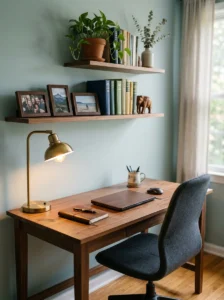 Personalized study room with meaningful photographs, books, and decorative objects.