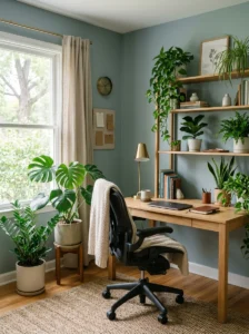 Study room decorated with low-maintenance green plants for a calming atmosphere.