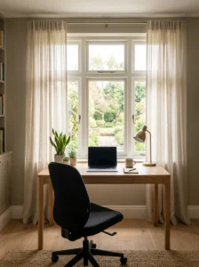 Personalized study room with meaningful photographs, books, and decorative objects.