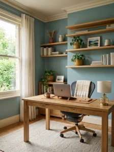 Calming blue-green study room with warm neutral and subtle accent colors.