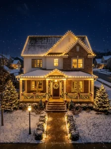 Warm white Christmas lights along a porch roofline
