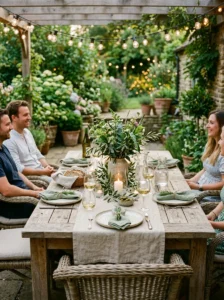 Summer dining table styled with a linen runner over natural wood