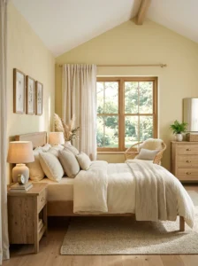 Soft buttery yellow bedroom with warm ivory bedding and light wood furniture.