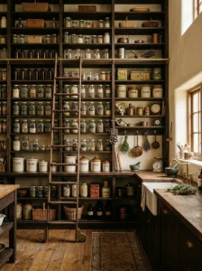 Vintage wooden ladder beside tall storage shelves in an apothecary kitchen