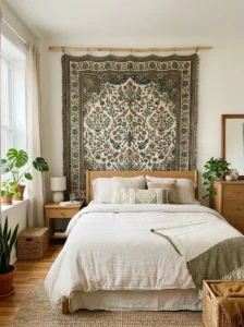Large tapestry concealing an unattractive wall feature in a bedroom