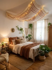 Ceiling tapestry creating a cozy canopy above a bedroom bed