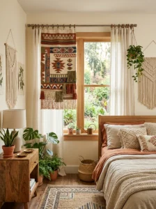 Woven tapestry layered over bedroom curtains
