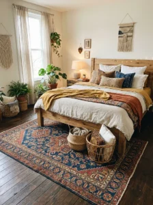 Woven tapestry used as a decorative bedroom rug