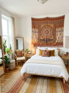 Colorful tapestry adding personality to an all-white rental bedroom