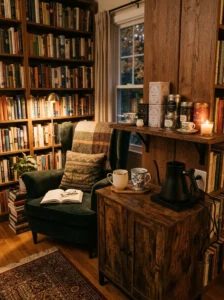 Tea and coffee station beside a cozy home reading nook.