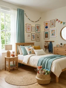 Girls bedroom decorated with a child's favorite teal color and warm neutral accents.