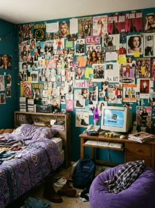 1990s bedroom with a colorful magazine cutout collage covering one wall.