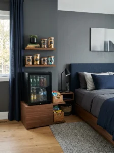 Compact mini fridge and snack station in a teen bedroom