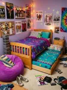 90s inspired bedroom with a trundle bed designed for sleepovers.