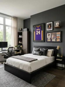 Curated sports memorabilia display in a teen boy bedroom