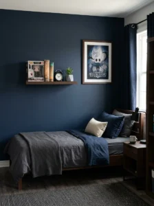 Curated gaming artwork and displays in a teen bedroom