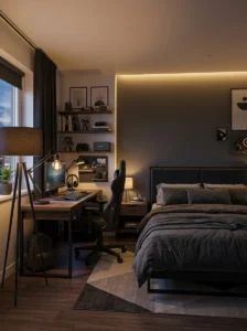 Layered lighting in a modern teen boy bedroom