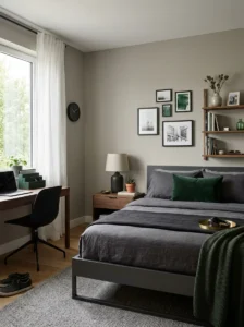 Teen boy bedroom with deep green personal accents