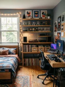 Teen bedroom with dedicated storage for vinyl records and collections