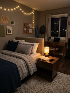 Cozy teenage bedroom with a dimmable bedside reading light