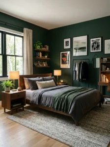 Teenage boy bedroom with sophisticated deep green walls