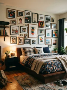 Personalized gallery wall in a teenage boy bedroom