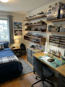 Teen bedroom with a dedicated model-building workspace and display shelves